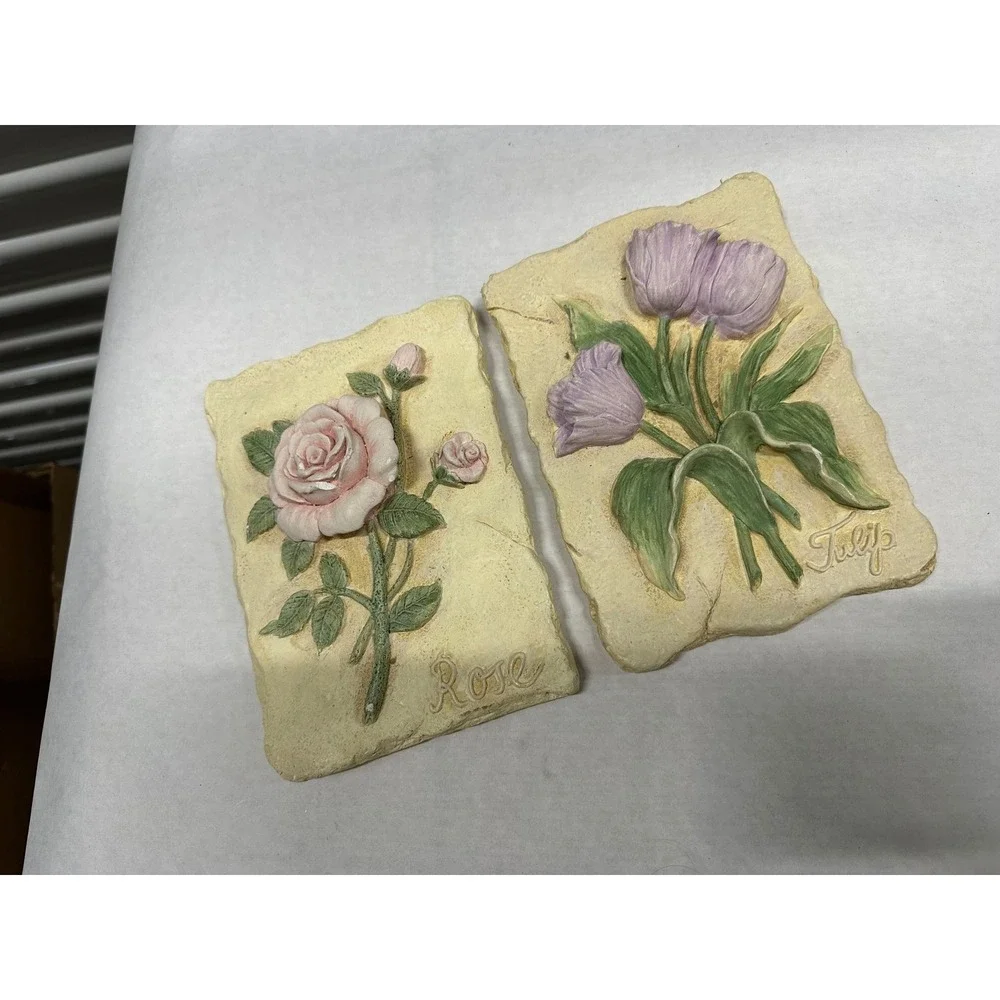 Vintage Floral Wall Plaques Set of 2 Rose and Tulip Resin Relief Art Decor